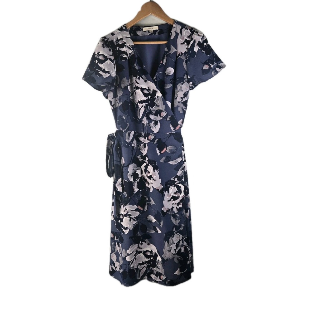 Navy Floral Wrap Midi Dress with Tie Waist